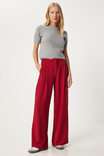 Happiness İstanbul Red Women'sPalazzoTrousers - Pleated Woven, Ul00038