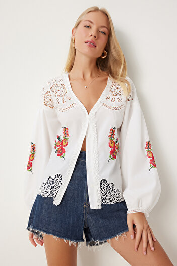 Happiness İstanbul Ecru Women's Shirt - Openwork Embroidery Embroidered, Woven Qs00004