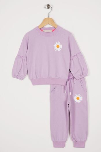 zepkids Crew Neck Long Sleeve Cıcek Pattern Lilac Color Girl's Tracksuit Set