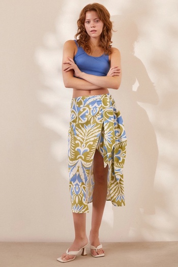 Never more Blue Patterned Slit Skirt