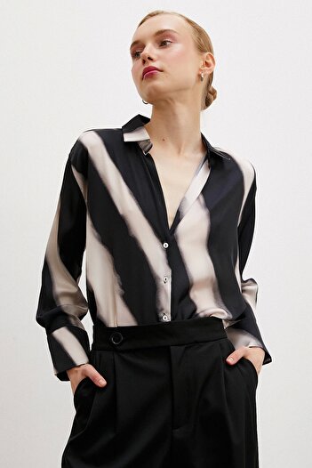 Never more Beige Satin Shirt - Patterned V-Neck