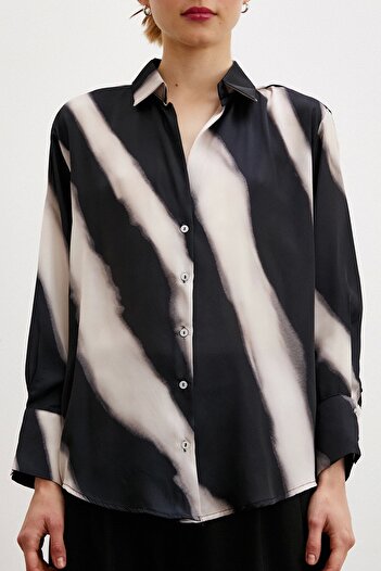 Never more Beige Satin Shirt - Patterned V-Neck