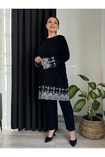 LİKRA Large Size Flexible Viscose Tunic - Scallop Detailed Sleeves