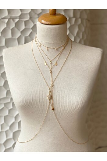 pop up store 14k Altın Kaplama Zirkon Taşlı Kaplumbağa Detay Vücut Aksesuarı Ve Üçlü Inci Detay Kolye Set
