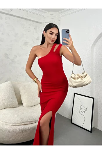 modavingo One Shoulder Red Strap Slit Ottoman Dress