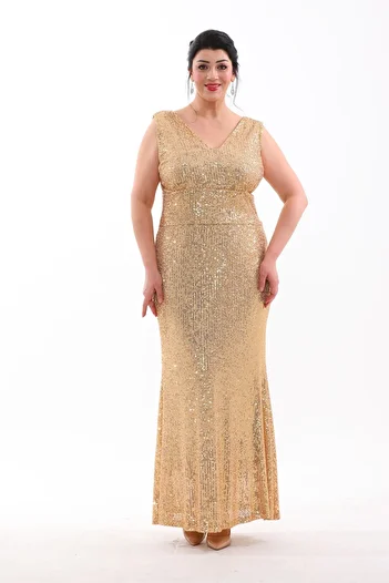 IŞILTI Plus Size Stretchy Sequined Fish Back Low-cut Evening Dress - 3098