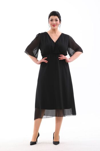IŞILTI Plus Size Double Breasted Collar Chiffon Evening Dress - Short Sleeve, Volon Detail, Midi Length 3096