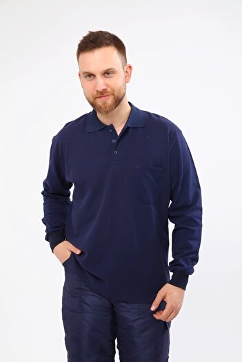 Çamdalı İş Elbiseleri Polo Neck Navy Blue Long Sleeve Sweatshirt Pique Knitted Business Sweatshirt