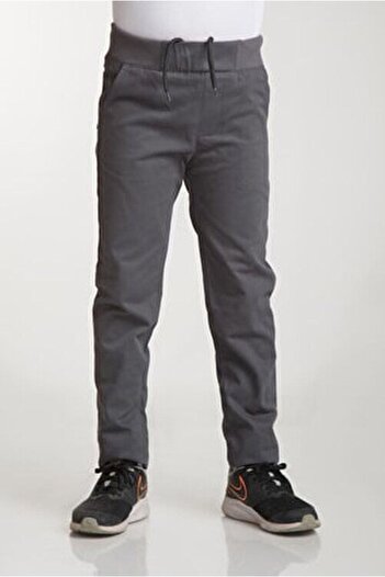 OKULCA Gray Ribbed Waist Lycra Canvas School Trousers