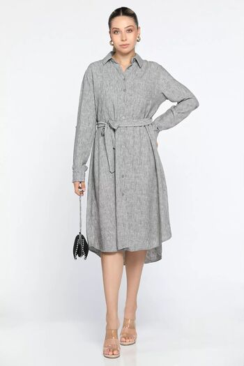 GÜLSELİ Linen Shirt Dress - Anthracite, Belted Waist