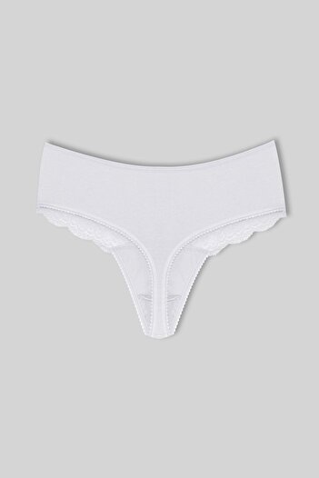 HNX White Cotton Lace Front High Waist Large Size Thong Women's Panties