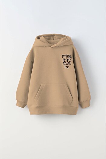 The Champ Clothing Hooded Fleece Normal People Scare Me Printed Beige Unisex Παιδική φούτερ με κουκούλα