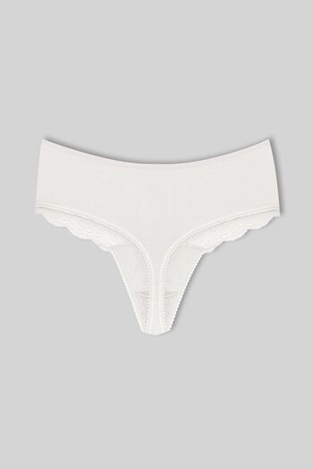 HNX Ecru Cotton Lace Front High Waist Large Size Thong Women's Panties