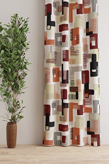 AYSHOME Ays Home - Brick Colored Geometric Patterned Background Curtain