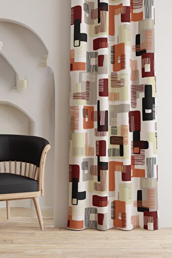 AYSHOME Ays Home - Brick Colored Geometric Patterned Background Curtain