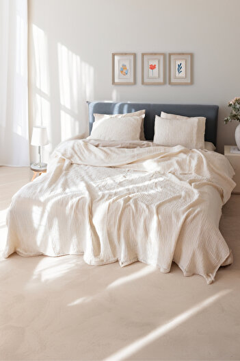 vivamaison 4 Layers Muslin Cotton Pique Bedspread - Double, Double Sided, Natural 220x240 Cm