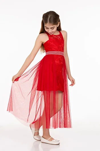 AHENGİM Girl's Tulle and Pearl Stones Trendy Evening Dress - Ak2229
