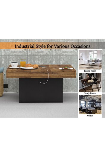Mahmayi Modern Coffee Table with USB Port - Dark Oak and Black - For Living Room/Office