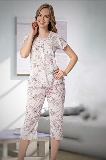 ATINÇ Women's Buttoned Capri Cotton Women's Bermuda Short Sleeve Pajama Set