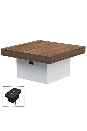 Mahmayi Modern Square Coffee Table with USB Port - Truffle Davos Oak & White, Durable & Chic