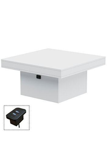 Mahmayi Modern Square Coffee Table w/ USB Port - Durable White Design for Living Room & Office