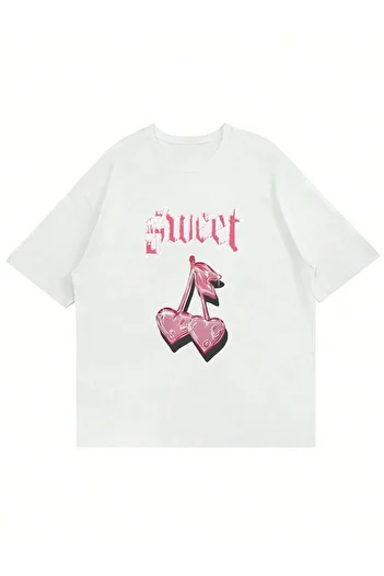 Mad&Calf Unisex Sweet Cherry Printed Crew Neck Oversize T-Shirt