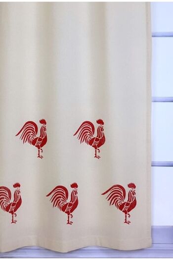 pamukidea Red Cock Pattern Printed Cotton Linen Summer Curtain - Wooden Stone Printed Buldan Curtain