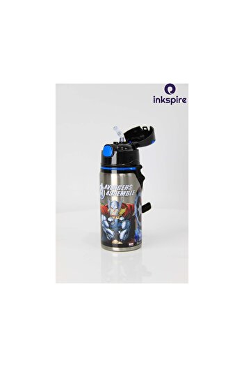 inkspire Avengers 500 ml Steel Water Bottle - Invincible Odorless Water Bottle with Neck Strap and Straw