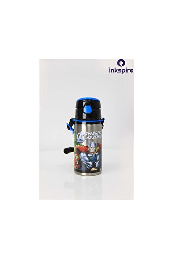 inkspire Avengers 500 ml Steel Water Bottle - Invincible Odorless Water Bottle with Neck Strap and Straw