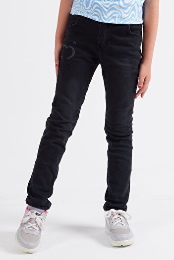 Cansın Mini Kız Çocuk Kalp Nakışlı Ayarlanabilir Bel Jean Pantolon 13922