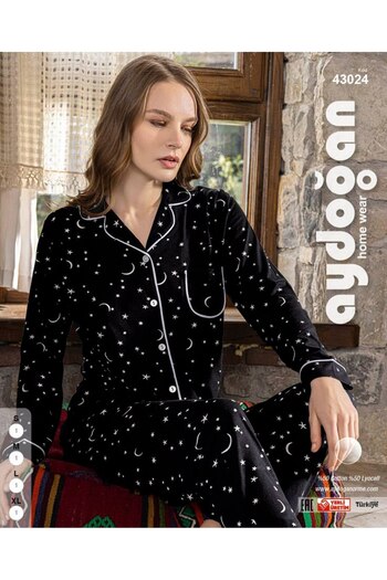 Aydoğan Black Colored Women's Pajama Set - Front Buttoned 43024