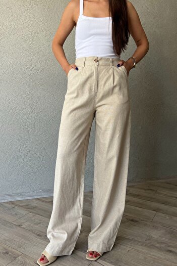 Seda Yalçın Atelier Beige Linen Palazzo Trousers - Raw Color, Wide Leg