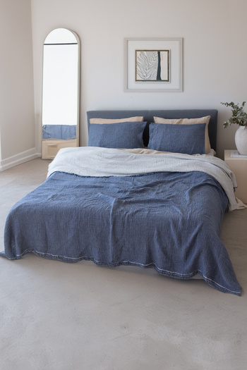 vivamaison Single Pique Bedspread 4 Layers Muslin Cotton Double Sided Indigo Blue 160x240 cm
