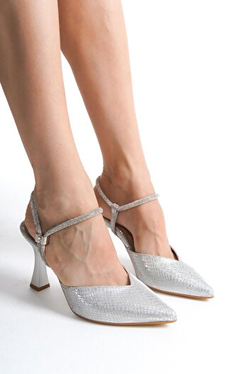 Modabuymus Parsan Gümüş  Taşlı Stiletto Abiye Topuklu Ayakkabı