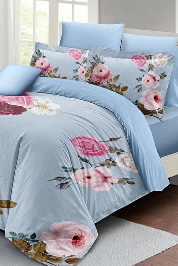 PerlaSera Set cuvertură de pilota cu design personalizat 3D - satin de bumbac țesut dens, floare albastră, dublu