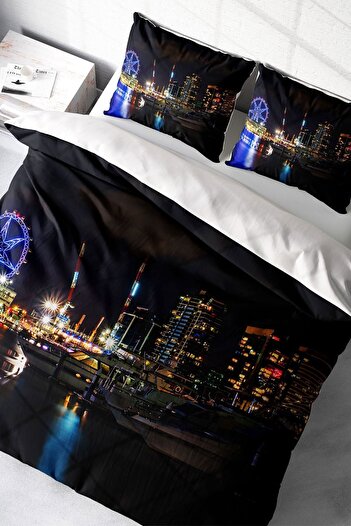 PerlaSera Harbor Night Modern - Τρισδιάστατο Προσαρμοσμένο Σχέδιο, Σετ Παπλωματοθήκη Διπλής Βαμβακερής Σατέν