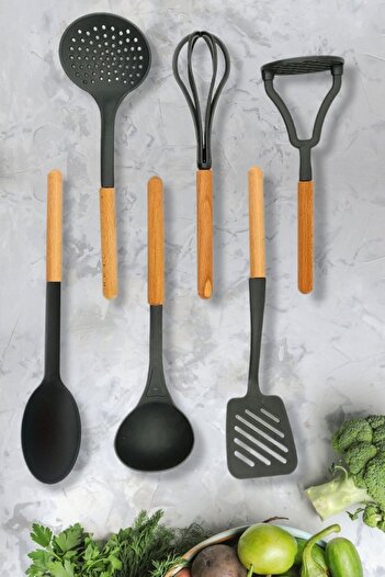 DEMPA Set of 6 Wooden Handled Plastic Ladle, Colander, Spoon, Spatula, Masher and Whisk, Black Service Set Dp-ahş01