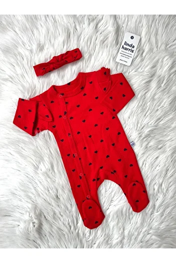 Linda Harris Red-Black Heart Pattern Bandanna Jumpsuit