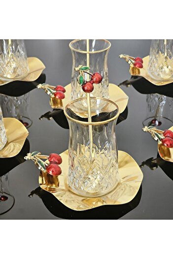 atabey home ODIN TEA SET WITH STAR DETAIL 18 PIECES WITH CAST CHERRY & METAL PLATE AND CHERRY TEA SPOON LUXURY SET