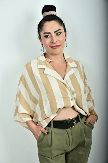moda caddesi Striped Viscose Short Sleeve Shirt - Loose Cut