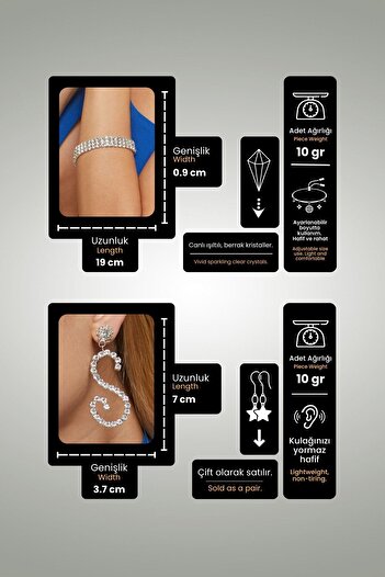 Furtek Aksesuar Women's Ria Model Zircon Stone Silver Diamond Earring Bracelet Evening Dress Wedding Engagement Henna Promise Party Jewelry Set