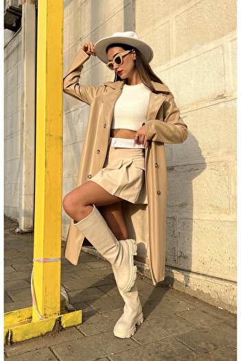 minaaise Stone Double Breasted Closure Leather Trench Coat 26069