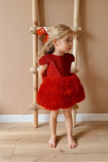 penu baby kids Kırmızı Tütülü Kısa Kol Kız Bebek Elbise - Princess