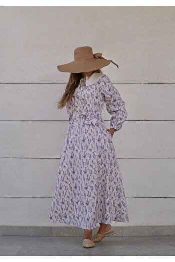 Launes Vintage Pocketed Buttoned Lavender Patterned Beige Fairytale Dress with Collar Detail