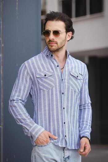 Oksit Yx 16794 Slim Fit Double Pocket Covered Striped Men's Shirt