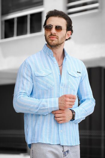 Oksit Yx 16794 Slim Fit Double Pocket Covered Striped Men's Shirt