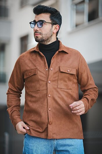 Oksit Чоловіча замшева сорочка Udeq Slim Fit з подвійною кишенею з клапаном із лайкри
