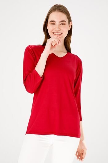 Desen Triko Women's V-Neck Three Quarter Sleeve Basic Combed Cotton Blouse Red