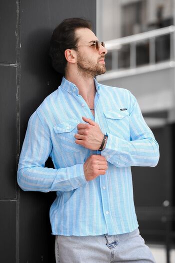 Oksit Yx 16794 Slim Fit Double Pocket Covered Striped Men's Shirt