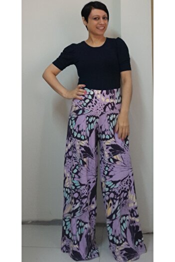 Mertcan Butik Elastic Waist Wide Leg Lilac Print Trouser Skirt